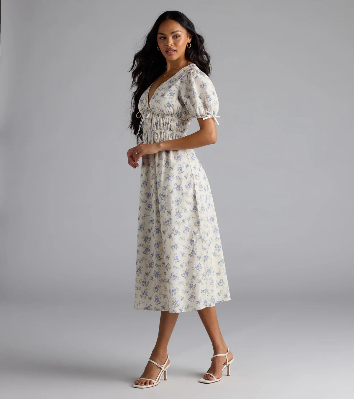 Summer Smiles Floral Puff Sleeve A-Line Midi Dress