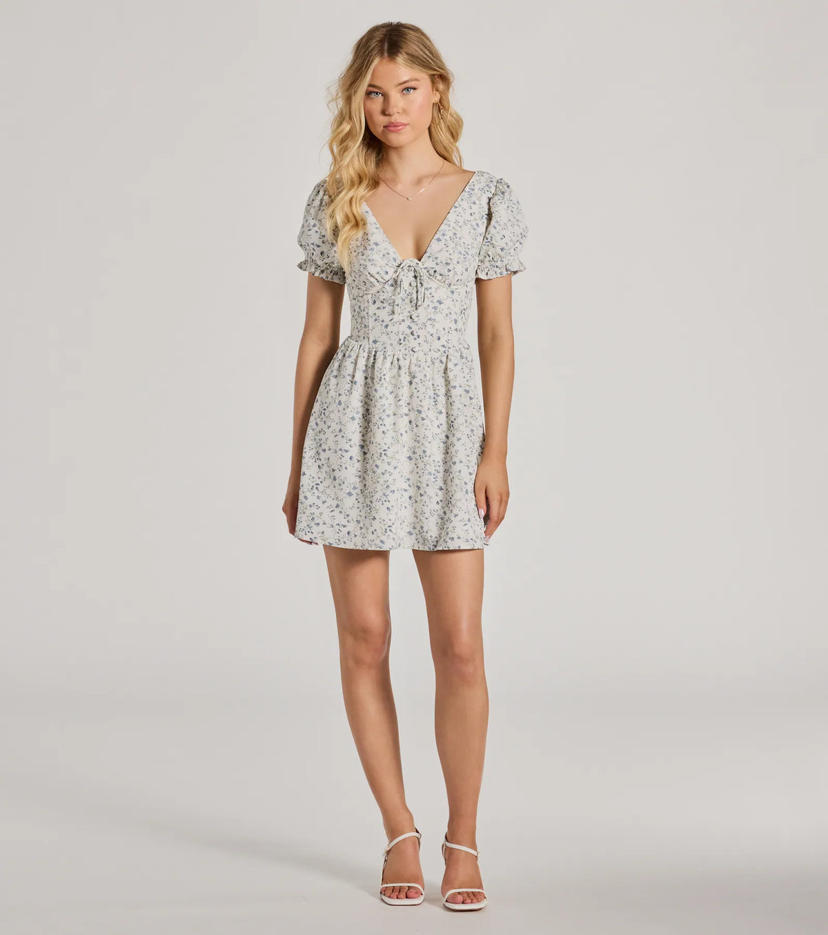Darling Babe Floral Woven Puff Sleeve Skater Dress