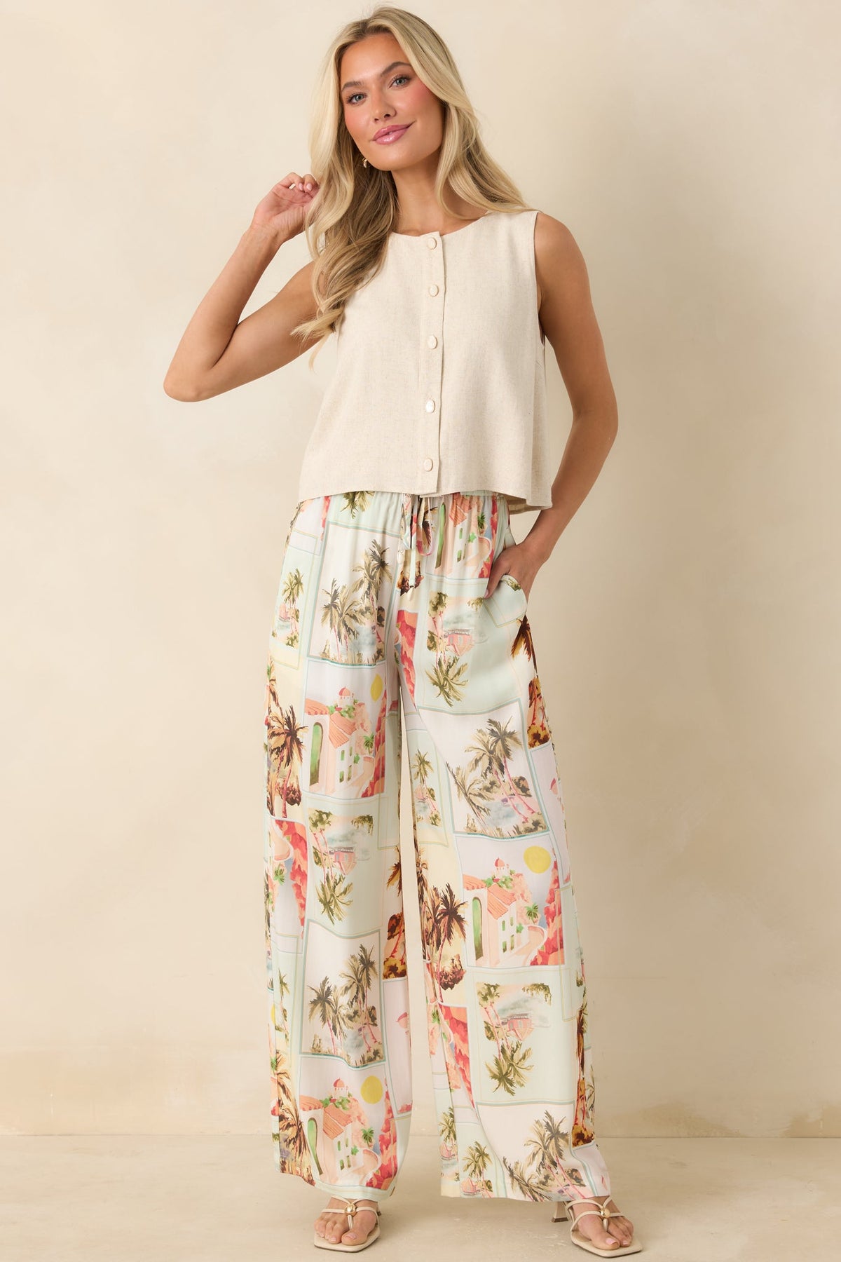 The Right Balance Natural Linen-Blend Sleeveless Button Up Top
