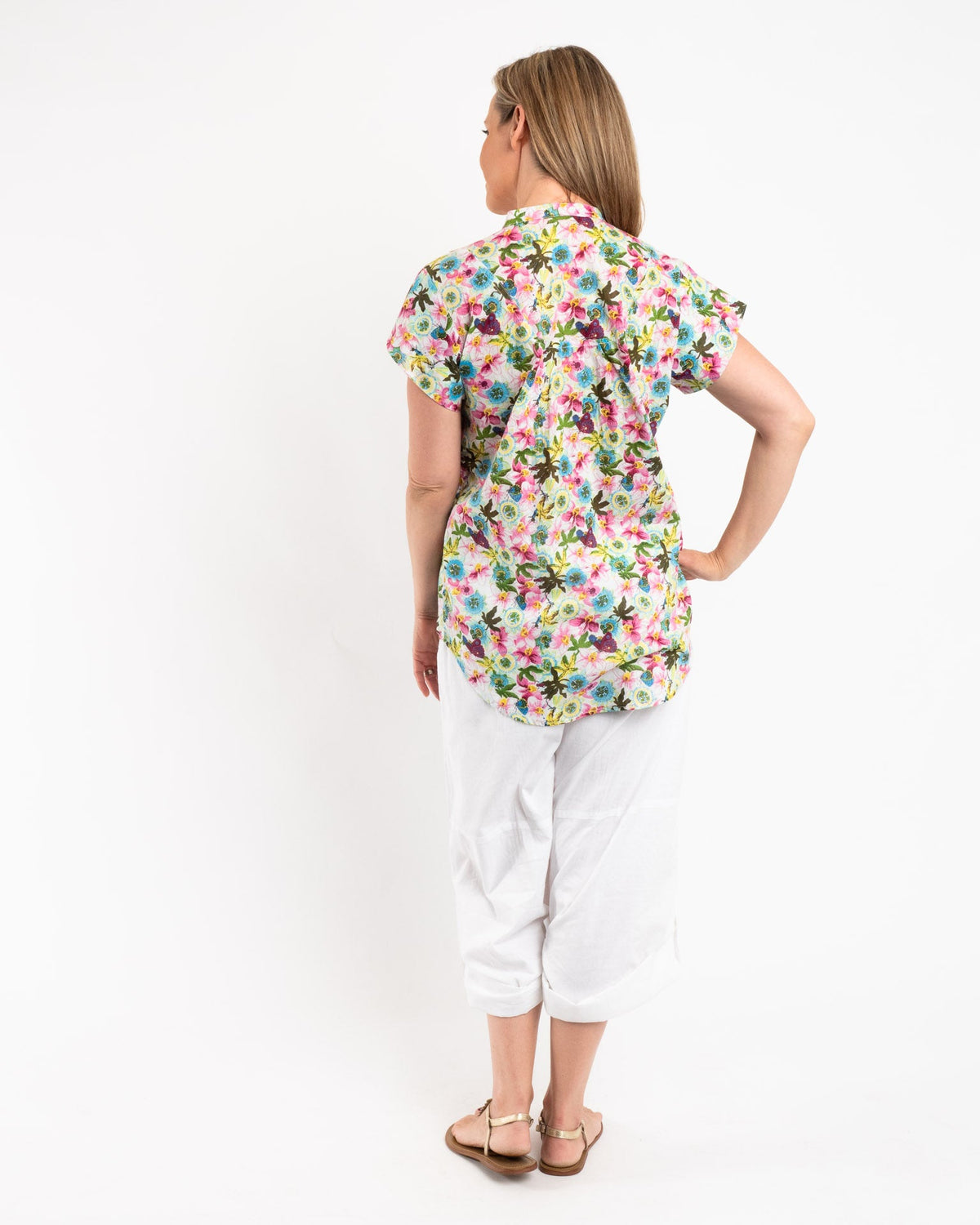 Cap Sleeve Shirt in Lime Pink Floral