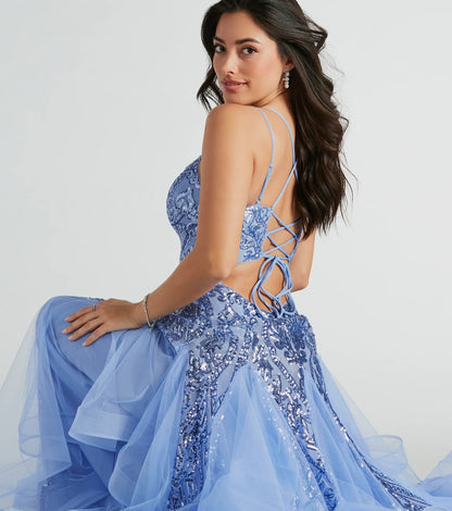 Sylvia Lace-Up Mermaid Tulle Ruffle Sequin Dress