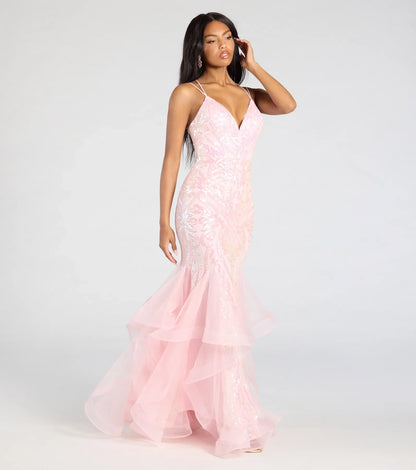 Sylvia Lace-Up Mermaid Tulle Ruffle Sequin Dress