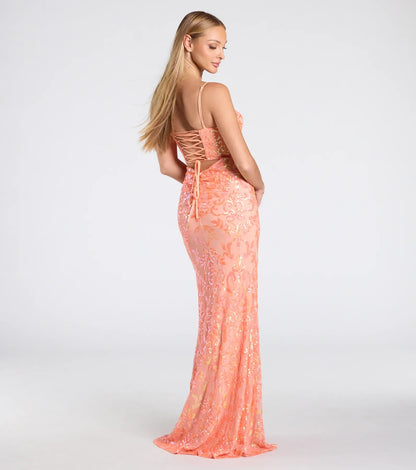 Celina Sequin Lace-Up High Slit Mermaid Dress