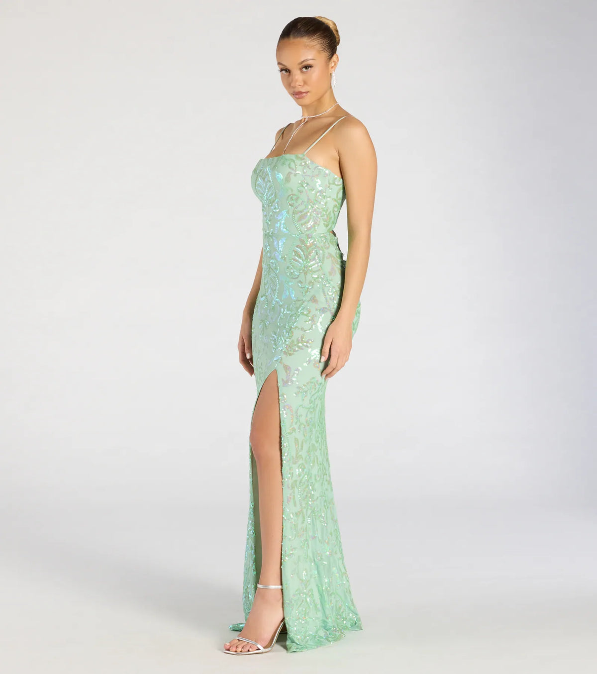 Celina Sequin Lace-Up High Slit Mermaid Dress