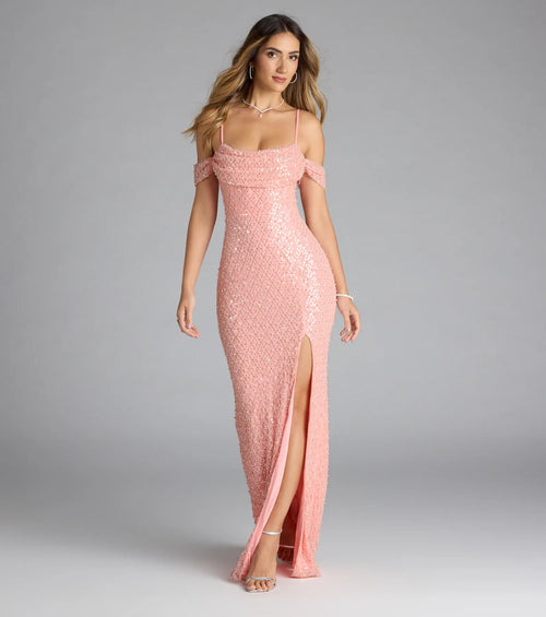Sophina Cold Shoulder Pearl Beaded Sequin Formal Dress