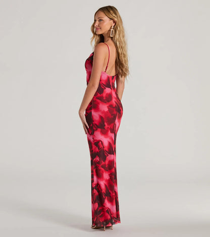 Catch Attention Cowl Neck Abstract Floral Maxi Dress