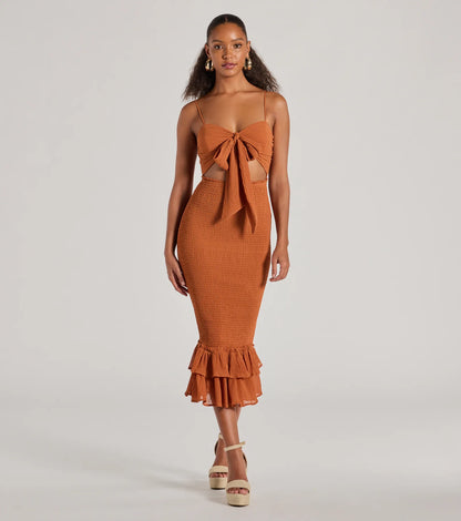 Bold Babe Cutout Ruffle Hem Chiffon Midi Dress