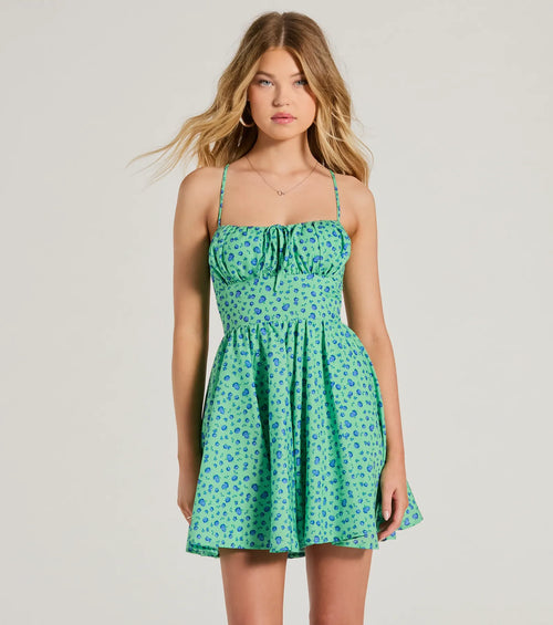 Think About Me Lace-Up Floral Skater Dress