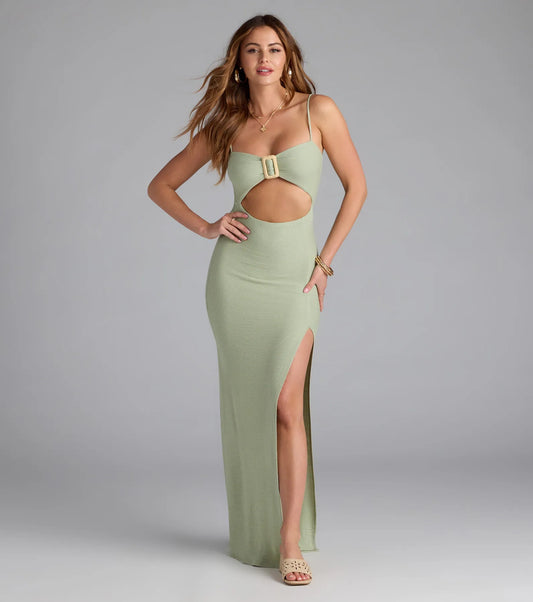 Vacay Mode Buckle Cutout Slit Maxi Dress