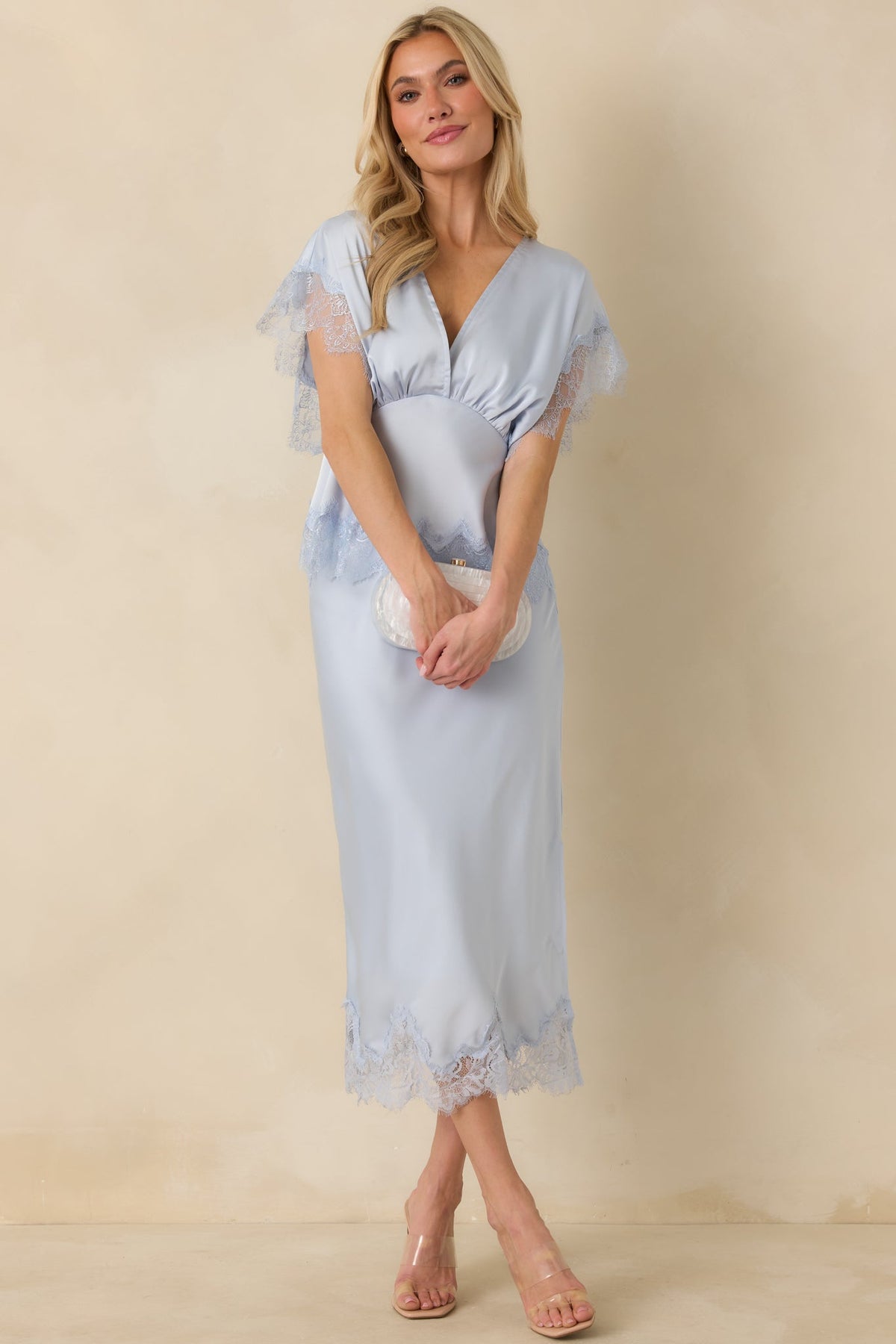 A Serendipitous Moment Powder Blue Lace Trim V-Neck Blouse