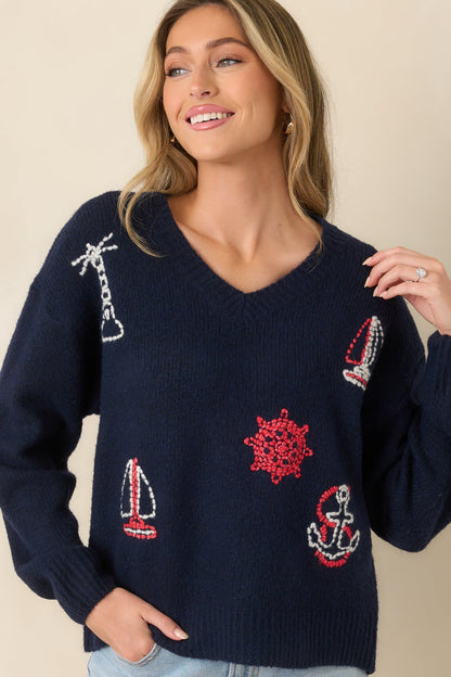 Anchored in Style Navy Multi Knit Nautical V-Neck Sweater
