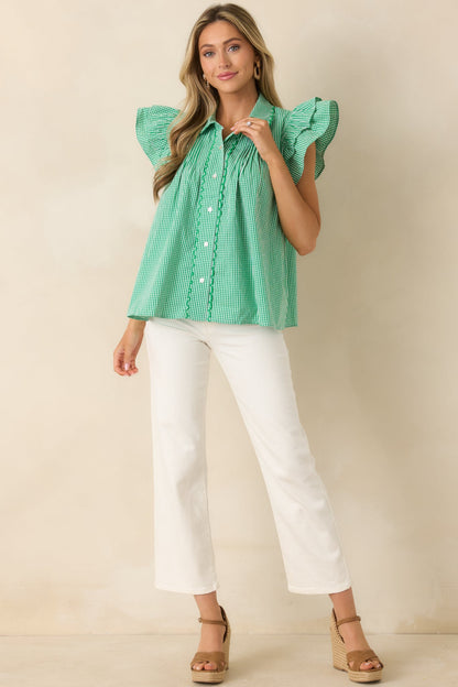 Stroll With My Sweetheart Green Gingham Cotton Flutter Sleeve Blouse