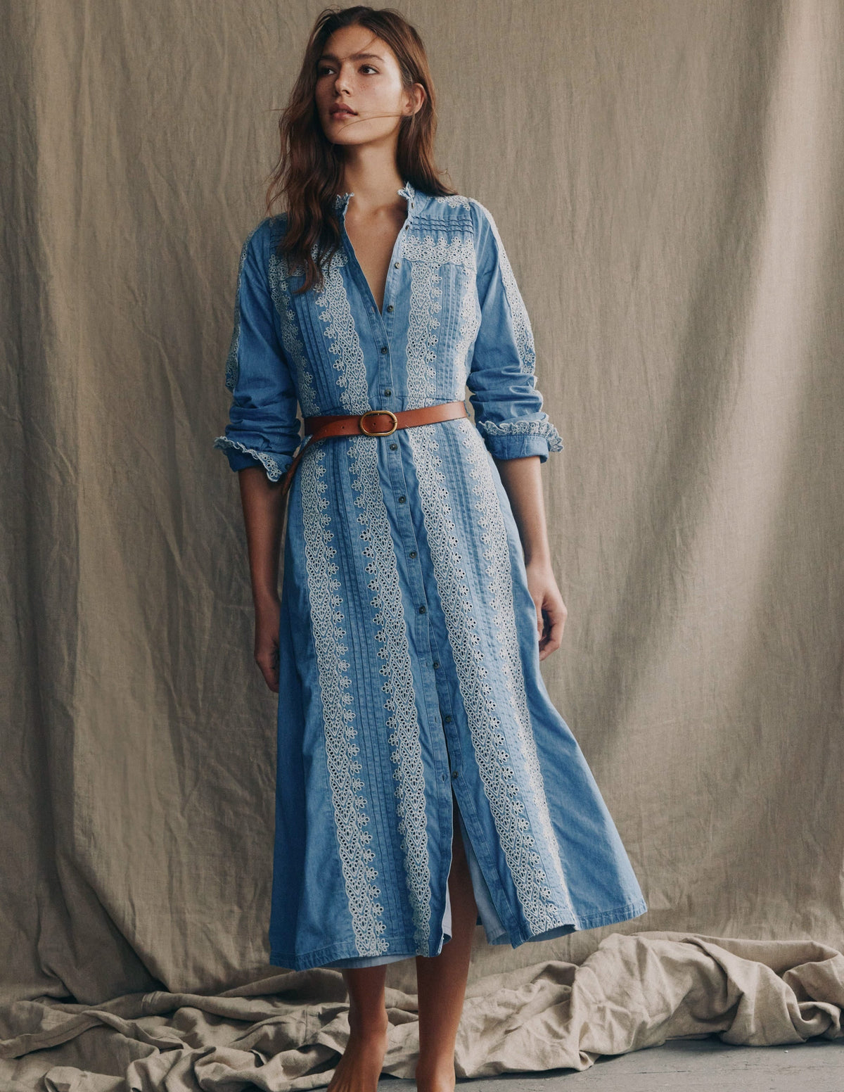 Ruffle Placket Chambray Dress-Light Blue Chambray