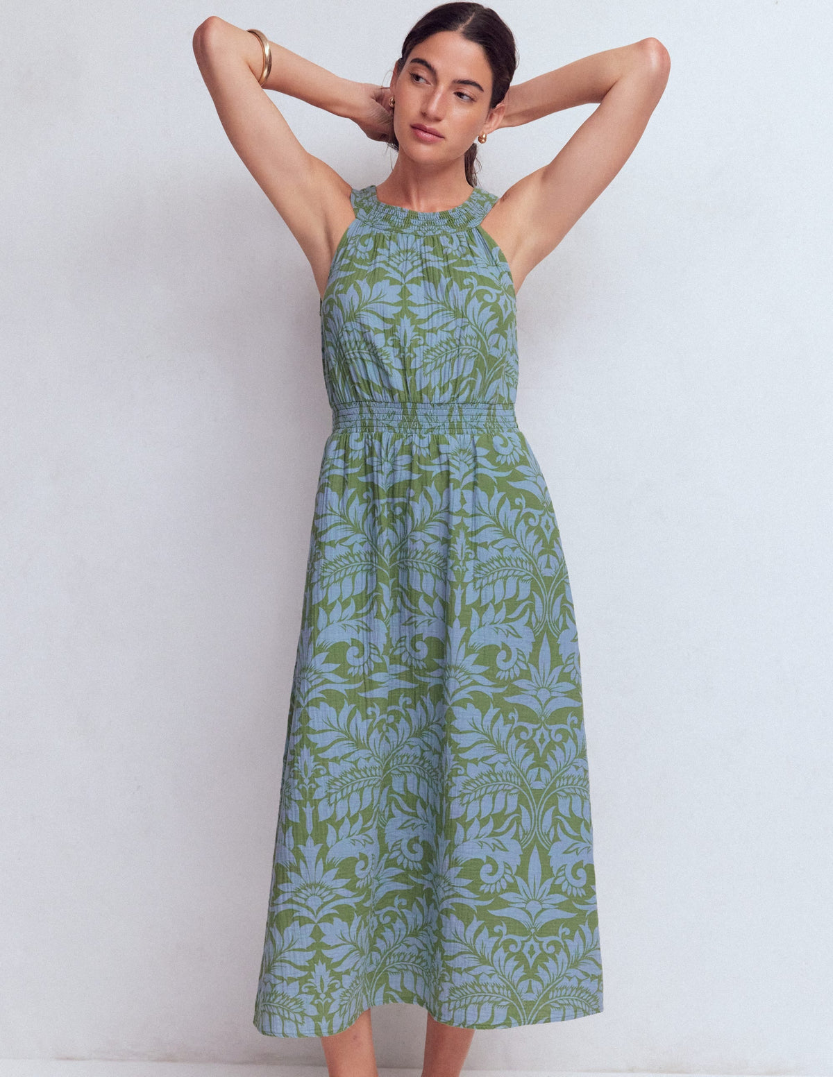 Daphne Double Cloth Dress-Green Ornamental Foliage