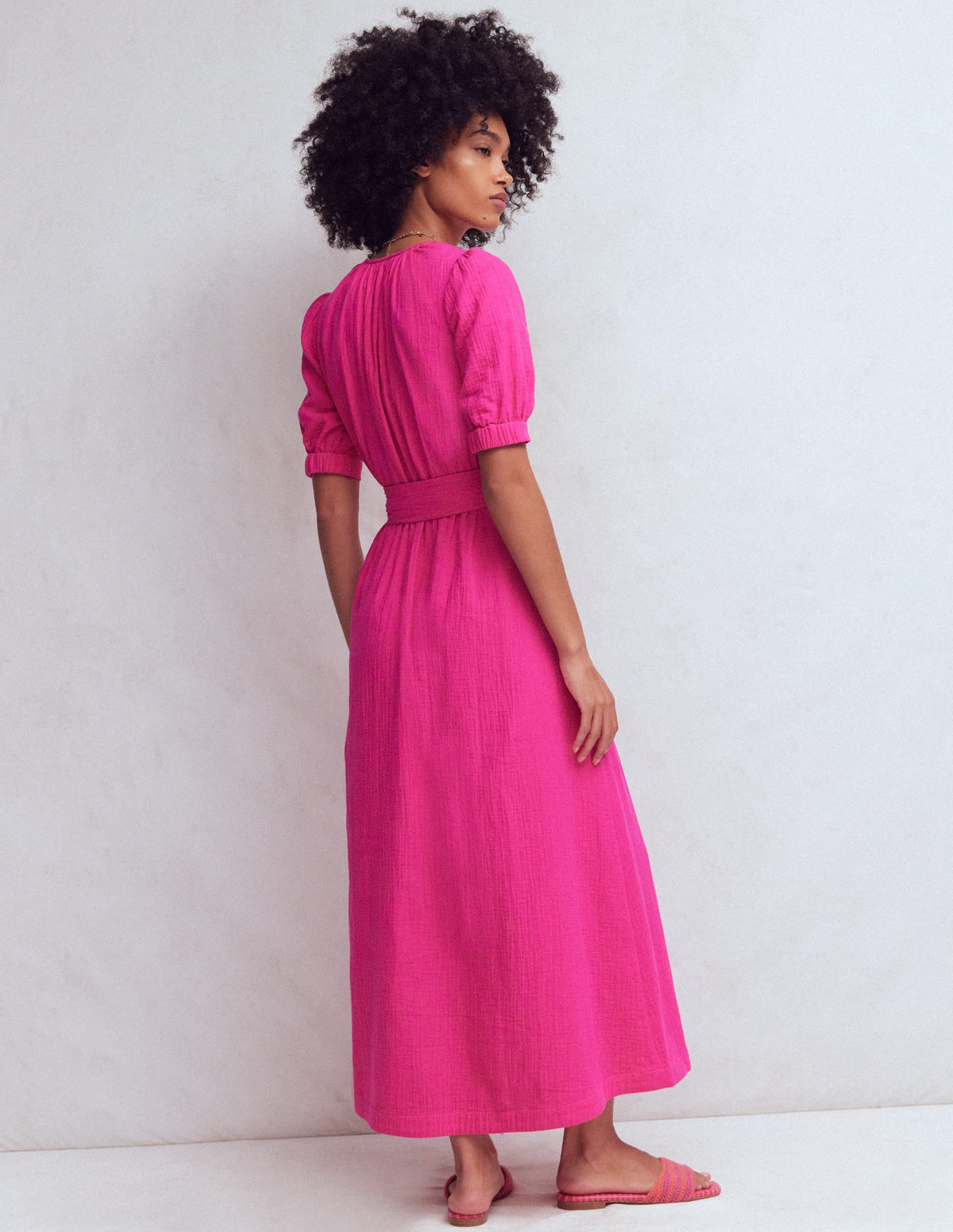 Double Cloth Puff Sleeve Dress-Bright Pink