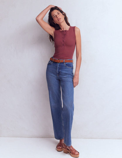 Crew Neck Henley Tank-Maroon