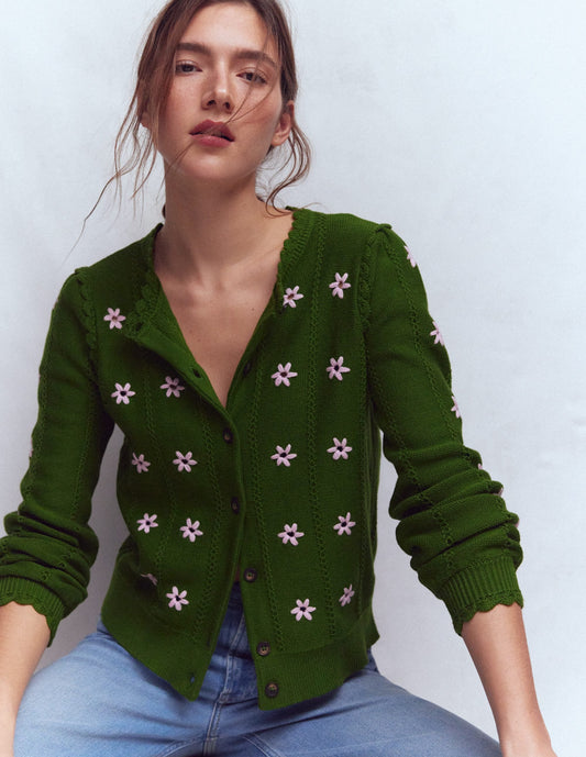 Valeria Crochet Trim Cardigan-Promenade Green , Embroidery