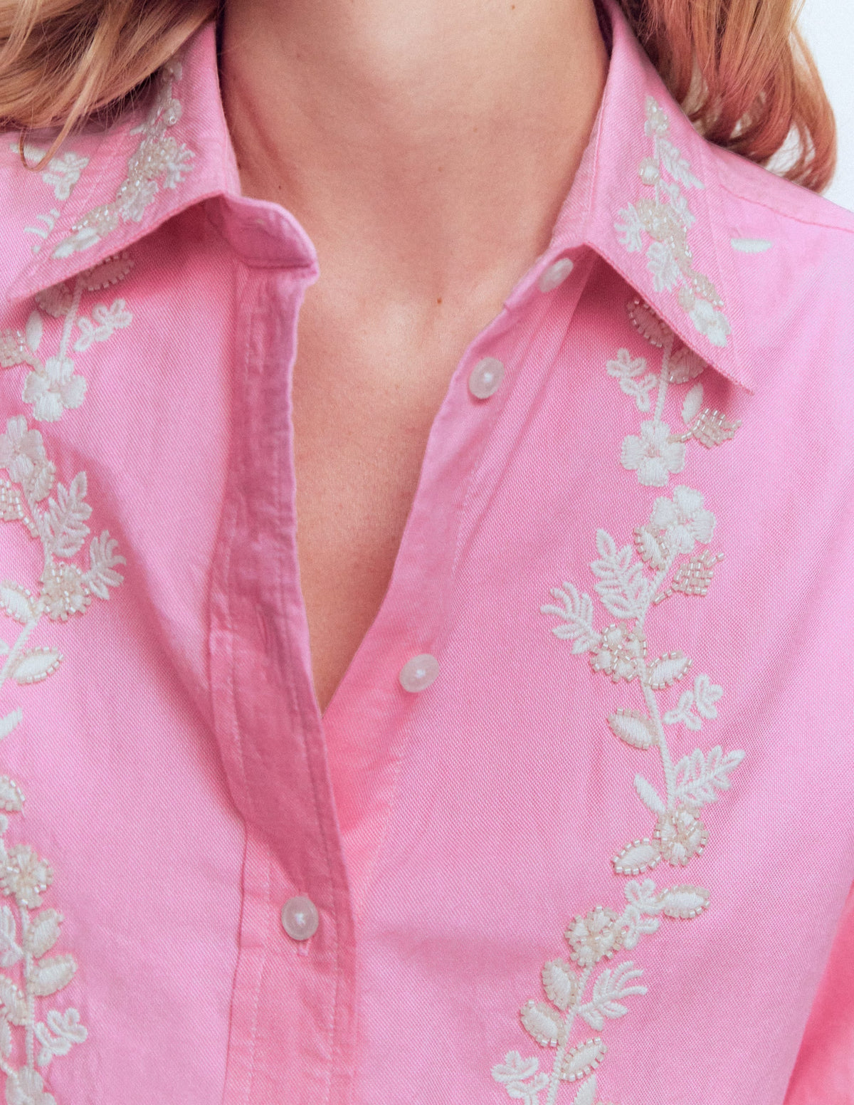 Sadie Relaxed Cotton Shirt-Pink Floral Beaded Oxford