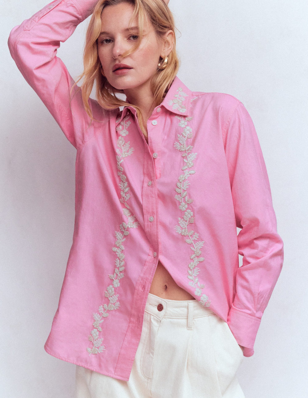 Sadie Relaxed Cotton Shirt-Pink Floral Beaded Oxford