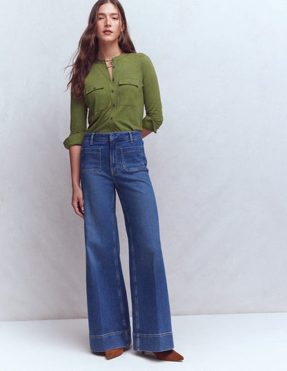 Topstitched Pocket Shirt-Woodland Green
