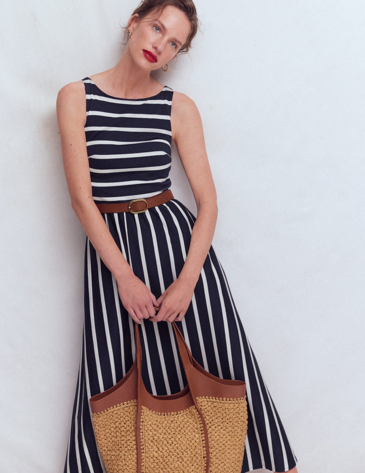 Saoirse Smock Back Dress-Navy, Ivory Stripe