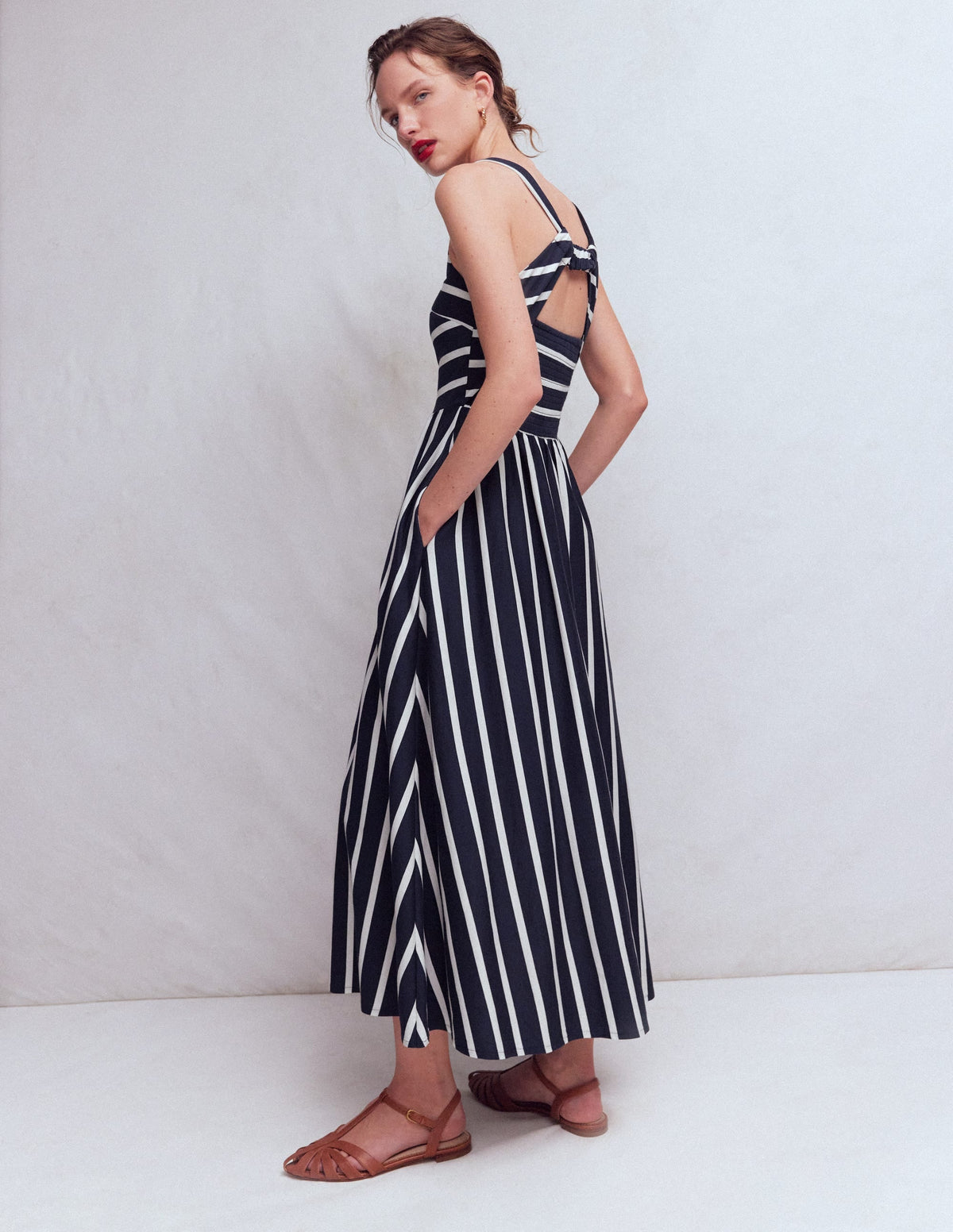Saoirse Smock Back Dress-Navy, Ivory Stripe