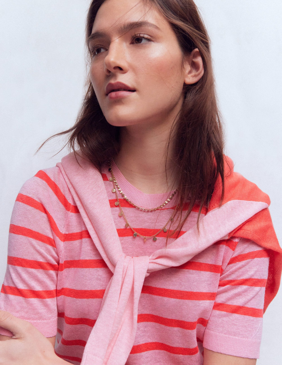 Agnes Linen Button T-Shirt-Sunkissed Coral / Formica Pink