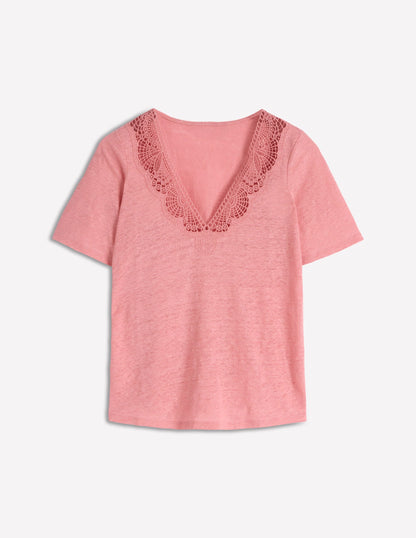 Tara Lace Trim Linen T-shirt-Almond Pink