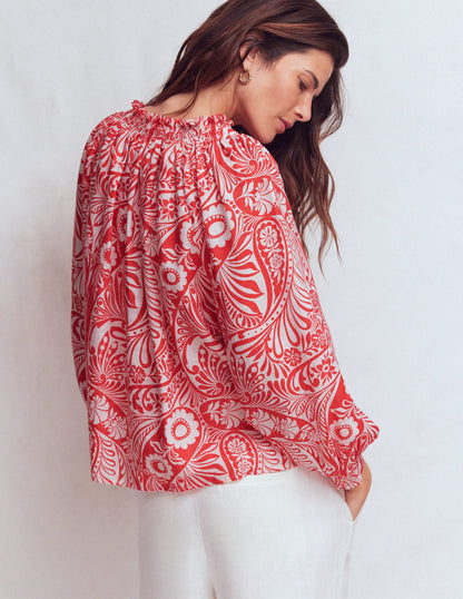 Serena Pleat Neck Linen Top-Red, Enchanted Paisley