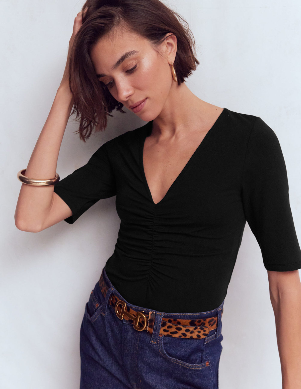 Tia Ruched V-neck Top-Black