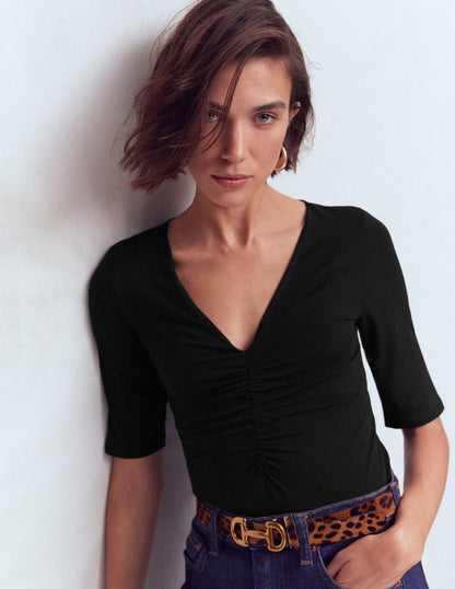 Tia Ruched V-neck Top-Black