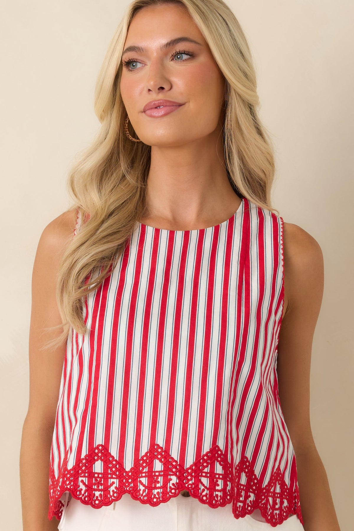 Sweet Liberty Red Multi Stripe Cotton Embroidered Hem Top