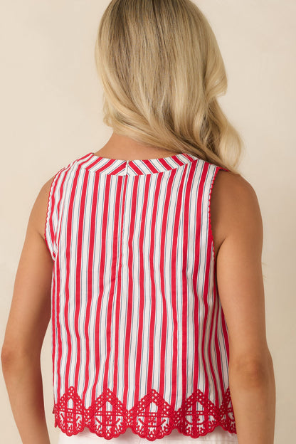 Sweet Liberty Red Multi Stripe Cotton Embroidered Hem Top