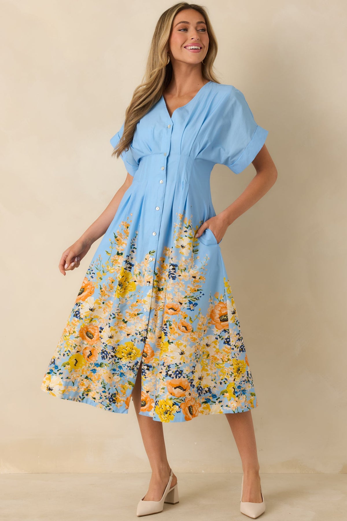 What Comes Next Blue Multi Cotton Floral Midi Dress