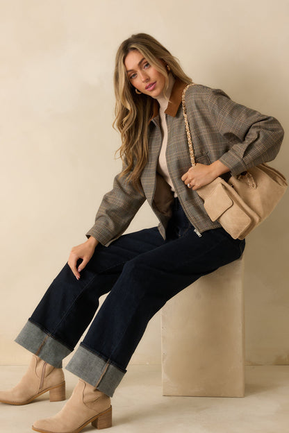 Riding Club Brown Multi Plaid Bomber Jacket