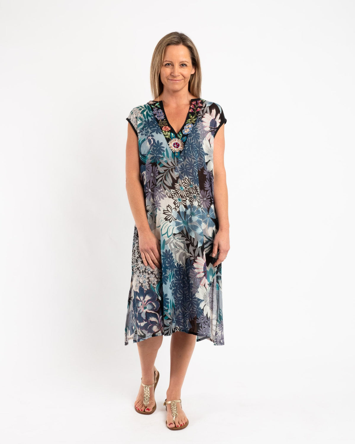 Sleeveless Summer Shift Dress With Embellished V-neck in Blue Grey Floral
