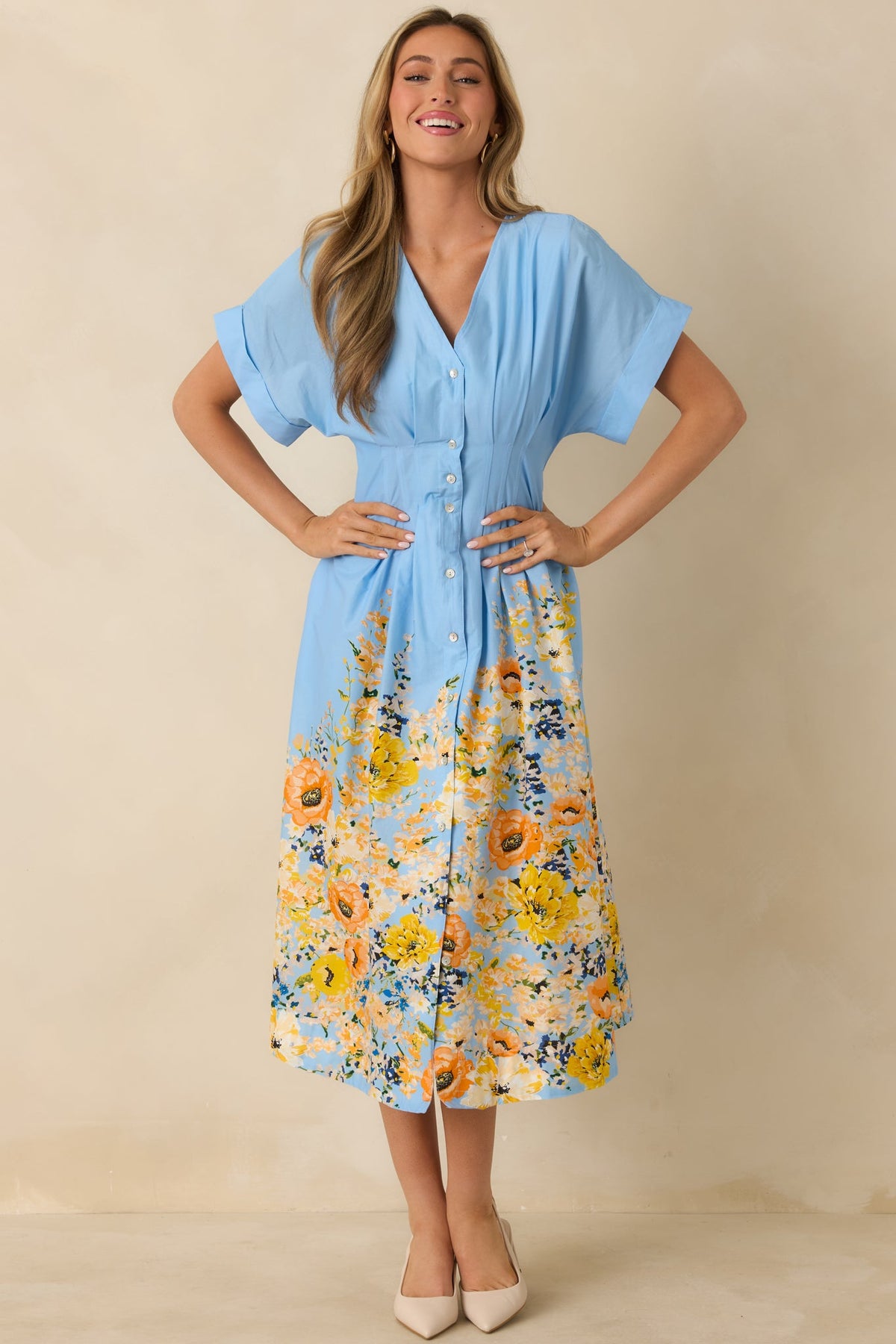 What Comes Next Blue Multi Cotton Floral Midi Dress