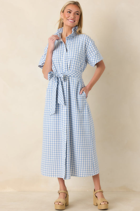 Check Me Out Blue Gingham Ruffle Collar Belted Maxi Dress