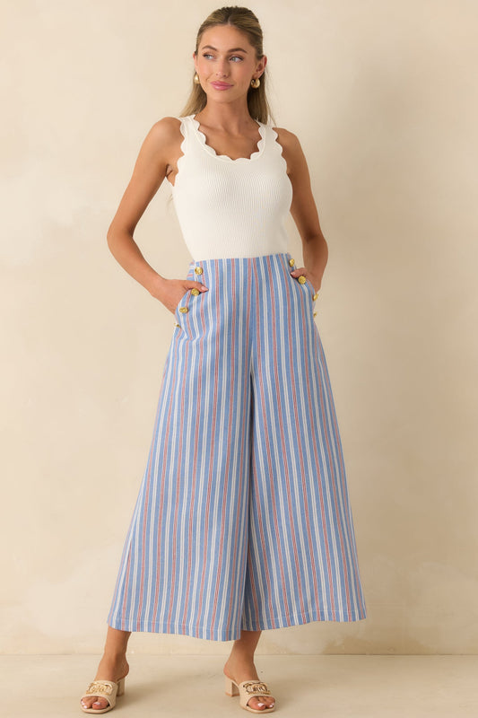 Prosperina Deitrich Blue & Red Stripe Wide Leg Cotton Blend Pants