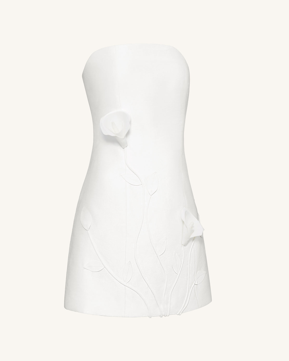 3D 藤蔓花卉平口短洋裝 – 白色