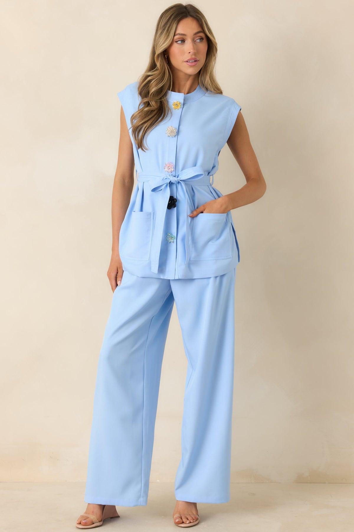 Details Make It Light Blue Statement Button-Front Belted Tunic Top