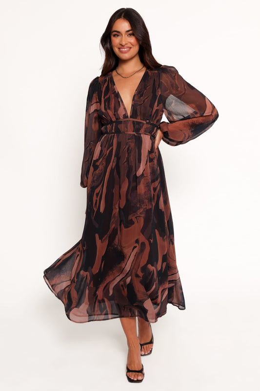 Blayze Long Sleeve Maxi Dress - Brown Print